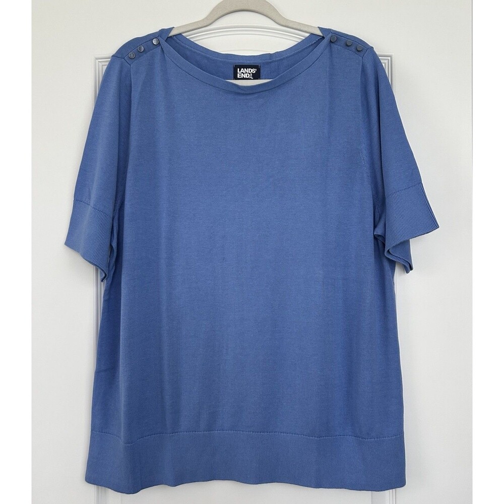 Lands End Short Sleeve Knit Sweater Women 2X Blue Boat Neck Button Detail Office